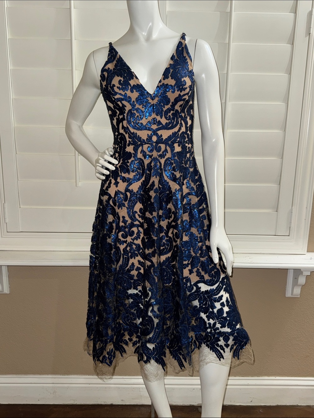 Dress The Population Blair Lace Midi Dress Navy Nude